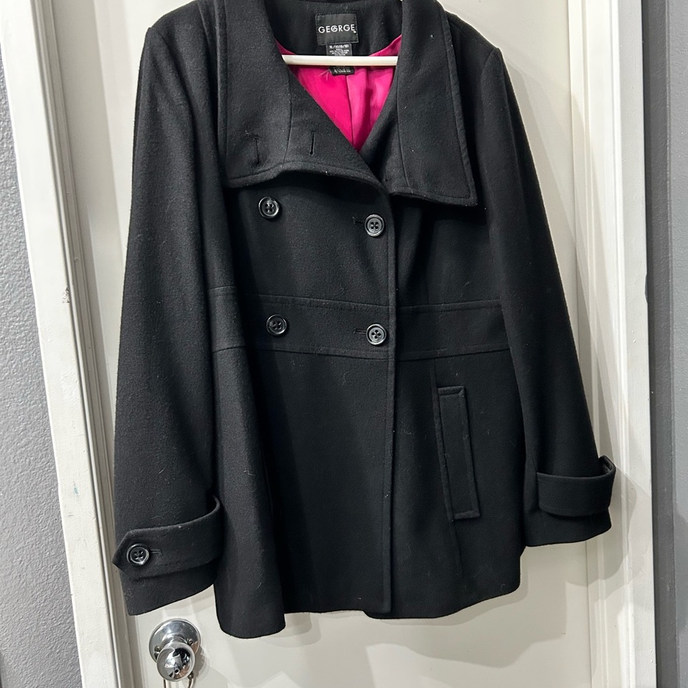 George Black Pea Coat with Pink Lining